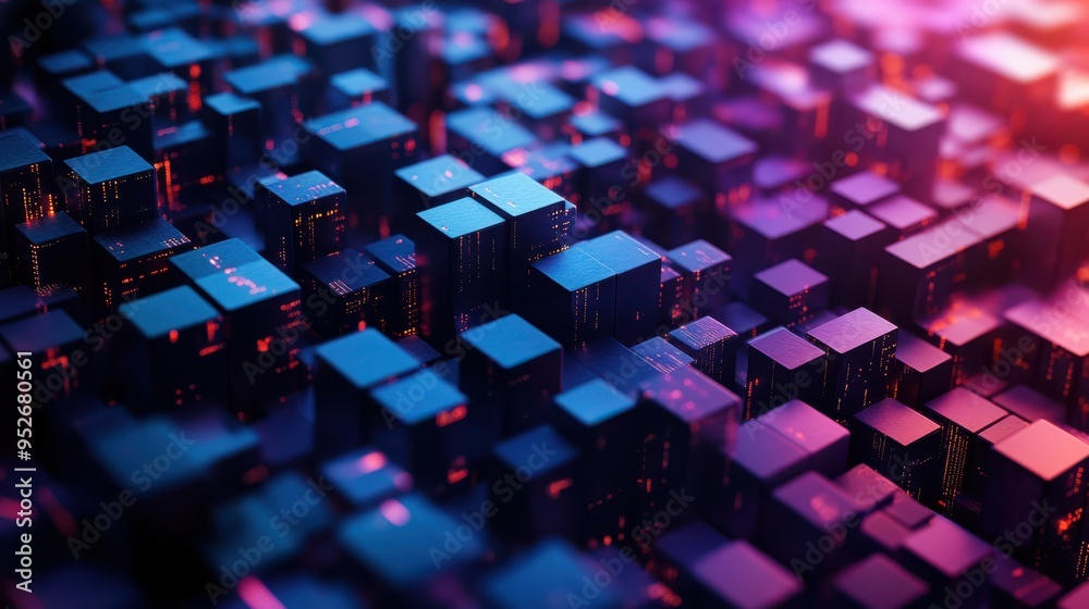 Poster Abstract representation of a futuristic cityscape with illuminated buildings and neon lights in dark tones, symbolizing a digital and technological metropolis.
