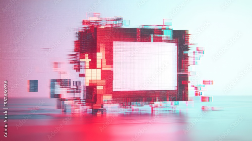 Aufkleber An abstract glitch art composition featuring distorted geometric shapes in red and cyan tones, creating a digital and futuristic aesthetic.
