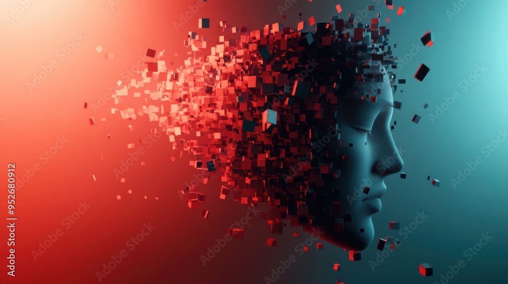 Poster a surreal digital artwork of a human face dissolving into small cubes, representing concepts of tech