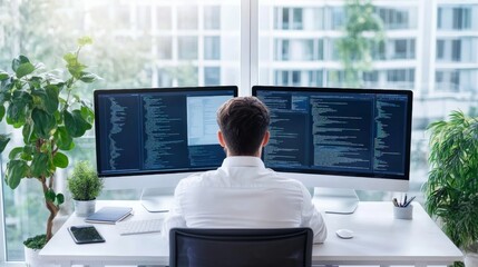 Programmer integrating API with website on a dual monitor setup efficient web development process