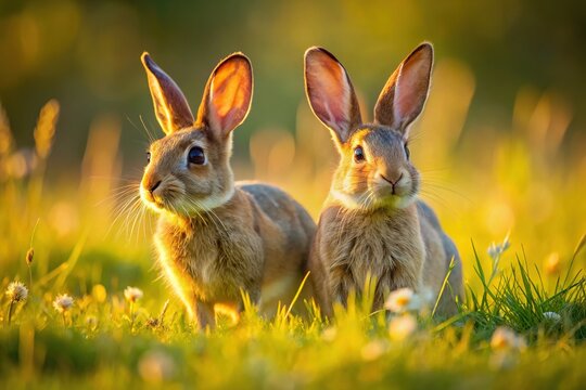 A pair of European rabbits, also known as liebres, hop and play in a sun-drenched meadow, their soft fur and long ears a warm, natural delight.