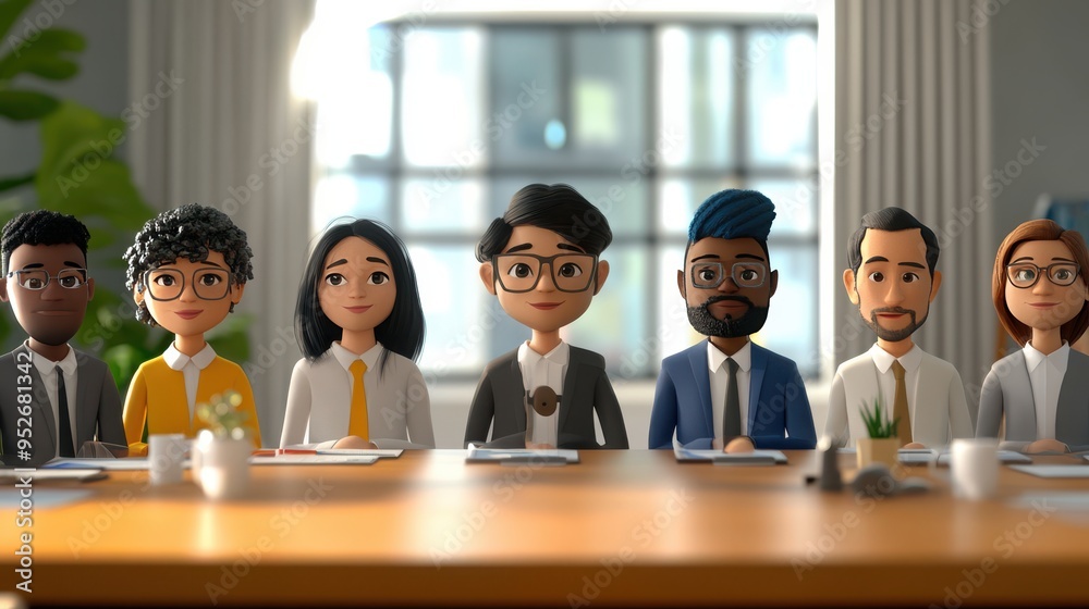 Poster a diverse group of animated characters sitting at a conference table, representing a business team d