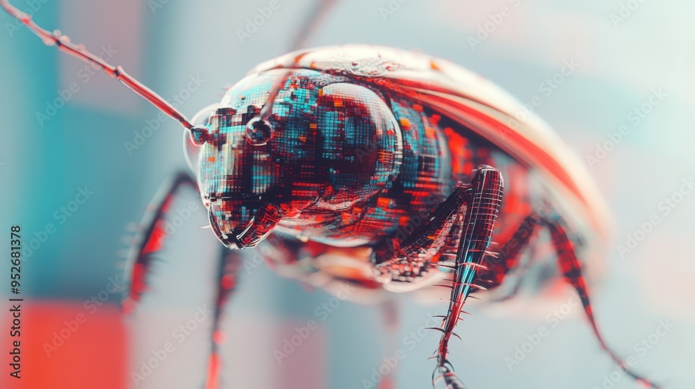Poster a highly detailed, futuristic insect with cybernetic features and digital patterns, showcasing the b