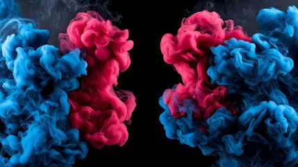 Vibrant blue and red smoke swirls intertwine beautifully against a dark backdrop, creating a captivating visual contrast.