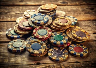 A nostalgic pile of worn, circular, colorful vintage poker chips with intricate designs and faded letters scattered across a wooden tabletop, evoking classic casino atmosphere.