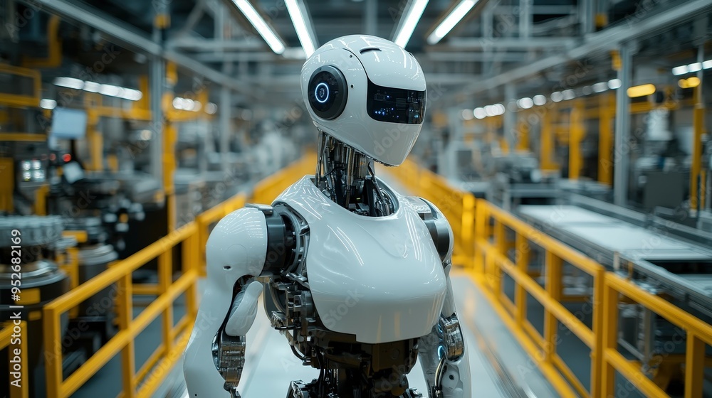 Poster the humanoid robot is positioned within a modern manufacturing facility, surrounded by advanced mach