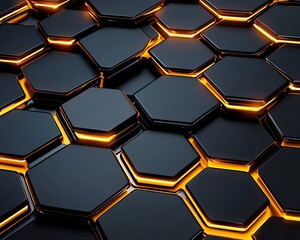 Close-up of black hexagonal tiles with glowing orange edges, creating an abstract modern texture suitable for various design projects.