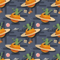 Seamless pattern an alien appears from a planet with rings in outer space flat childrens doodle