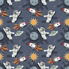 Seamless pattern an astronaut in a spacesuit among the stars and planets in outer space flat childrens doodles