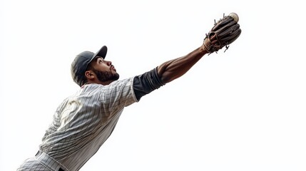 Baseball Player Reaching for the Ball: A determined baseball player, clad in a classic uniform, stretches his arm high, glove outstretched, ready to catch a fly ball in a powerful display of athletici