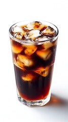 Freshly Brewed Iced Coffee with Creamy Foam Illuminated by Warm Sunlight in Transparent Glass