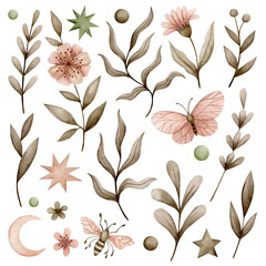
Set of flowers, branches, butterfly, boho style watercolor illustration isolated on white background.