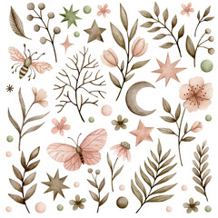 
Set of flowers, branches, butterfly, boho style watercolor illustration isolated on white background.
