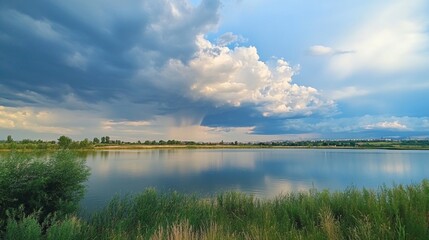 Fototapeta premium Storm clouds moving in over a calm lake approaching weather
