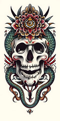 Tribal Skull and Serpent Tattoo symmetry very simple traditional tattoo flash styles illustration