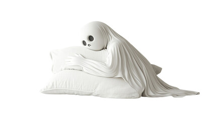 Serene Ghost Embracing a Pillow - Peaceful Spirituality Concept on White Background