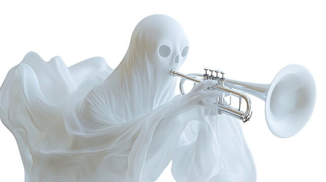 Joyful Ghost Playing Trumpet in Spectral Serenade on White Background