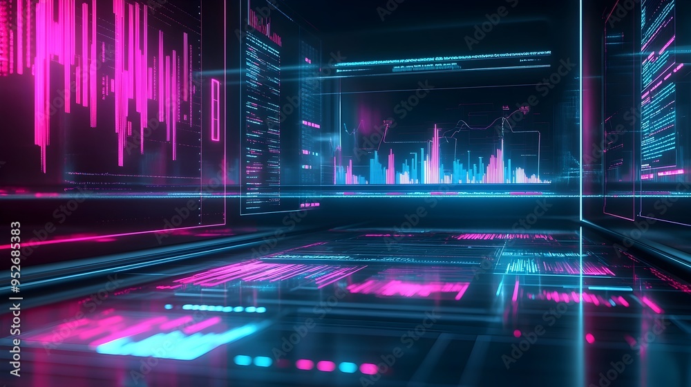 Wall mural futuristic finance technology digital applications with sleek holograms and data visualizations