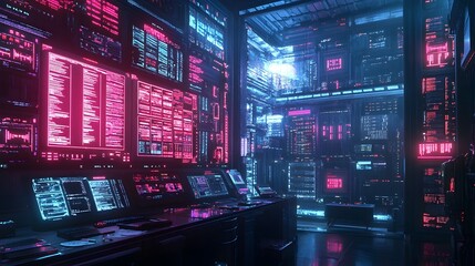 Sleek Futuristic Financial Technology Hub with Cutting Edge Digital Interfaces Holographic Displays and Neon Tinged Cinematic Ambience