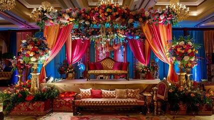 Obraz premium Indian wedding sangeet night stage, adorned with colorful flowers and decorations, capturing the essence of a traditional and festive celebration