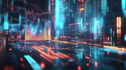 Surreal Data Driven Visualization of Financial Trends and Algorithms Through Abstract Holographic Shapes in Cyberpunk Inspired Neon Lit Setting