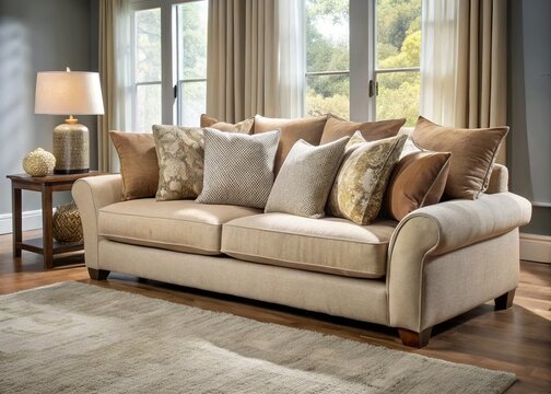 A plush, velvety, soft-textured sofa in a neutral beige tone, adorned with scattered pillows, inviting relaxation and comfort in a cozy living room setting.