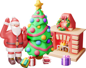 3D Red Brick New Year Fireplace and Santa Claus.
