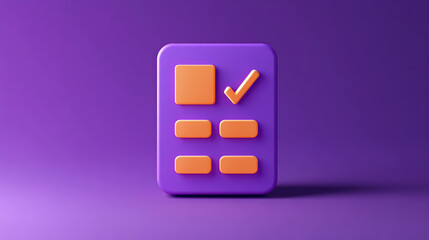 3D rendering of a checklist icon with a checkmark on a purple background.