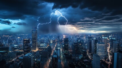 Fototapeta premium Thunderstorm with lightning striking a distant city skyline extreme weather