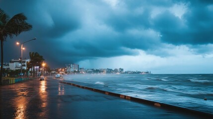 Obraz premium Tropical storm approaching a coastal town stormy weather
