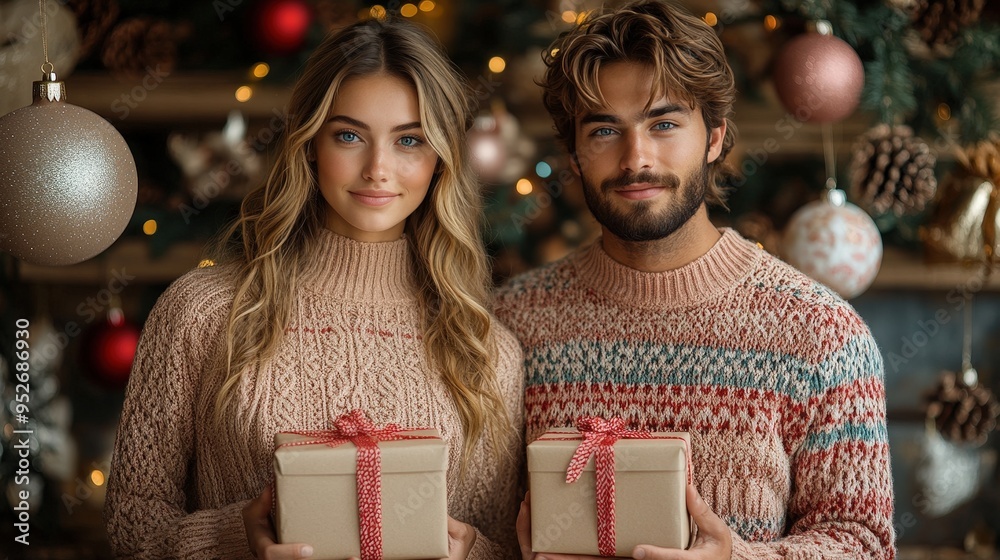 Wall mural A young couple smiles while holding beautifully wrapped gift boxes. They are surrounded by a cozy Christmas tree adorned with ornaments and lights, capturing a joyful holiday spirit