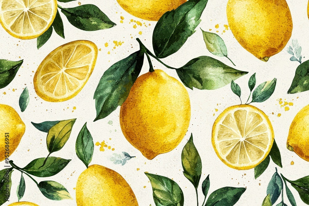 Poster A lively pattern showcases whole and sliced lemons adorned with green leaves, creating a fresh and colorful composition ideal for various decorative uses