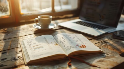 A cozy workspace featuring an open notebook with graphs, a laptop, and a steaming cup of coffee, perfect for productivity.