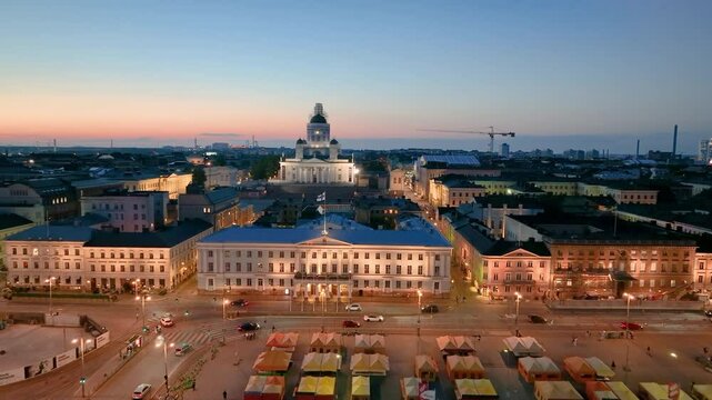 4k Aerial view of famous places architectural landmarks Lutheran Christian Cathedral Church at the Senate Square in Helsinki, Finland