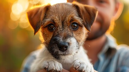 A man holds a small puppy in his arms, looking at the camera. The puppy is brown and white with big brown eyes. The man is out of focus in the background.