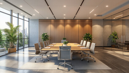 Fototapeta premium Modern and elegant boardroom with a view overlooking the city