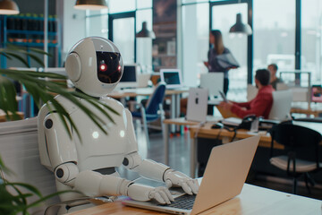 Humanoid robot working on a laptop in a modern office environment, surrounded by professionals, integration of ai and robotics in the workplace