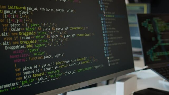 Closeup no people shot of programming codes on computer screens in modern IT office