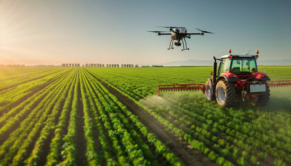 Drone flying over a green field next to a tractor spraying crops, modern precision agriculture