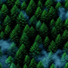 Fototapeta premium Aerial view of lush green coniferous trees with mist, creating a serene and tranquil forest atmosphere.