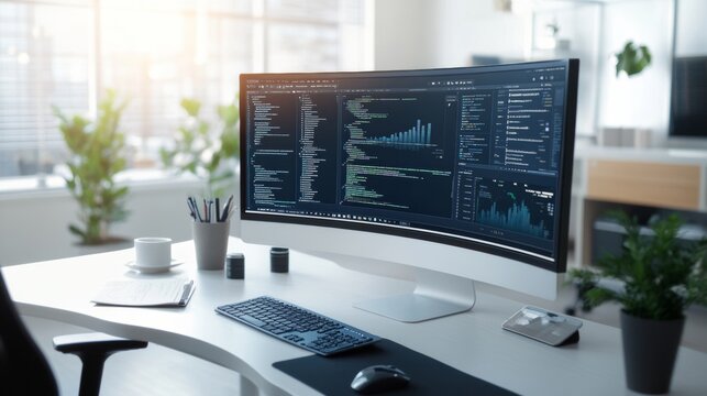 Website design in progress on a curved monitor sleek user interface elements