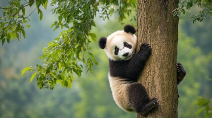 Obraz premium Adorable Panda Climbing a Tree