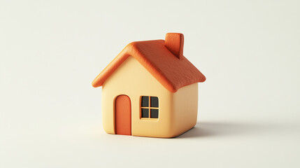 A 3D rendering of a small house with a red door, windows, and chimney, isolated on a white background.