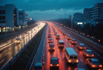 A crowded city street at night with heavy traffic