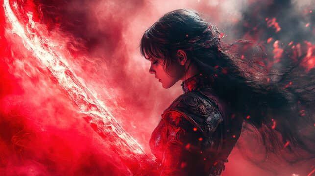 A female character of a dark warrior with a dramatic red aura sword background wallpaper AI generated image