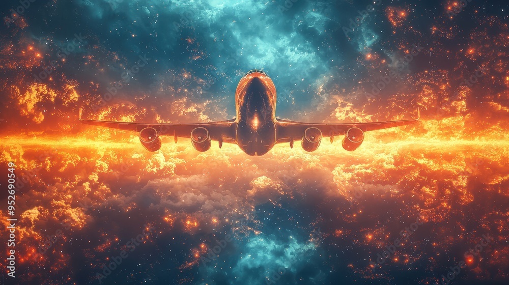 Aufkleber a plane soars through a spectacular sky filled with vibrant clouds and fiery hues, creating a striki