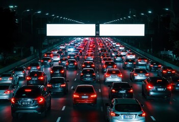 Obraz premium A crowded city street at night with heavy traffic, blank billboards for mock up