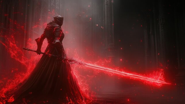 A female character of a dark warrior with a dramatic red aura sword background wallpaper AI generated image