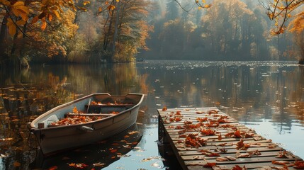 Fototapeta premium A serene autumn scene with a boat and pier surrounded by vibrant leaves reflecting on the calm water.