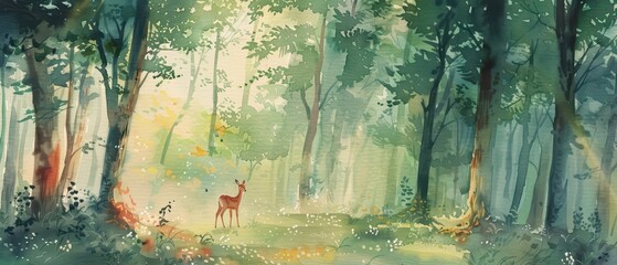 A serene forest scene featuring a deer surrounded by soft morning light and lush greenery, perfect for nature lovers.